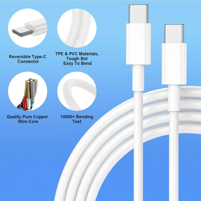 Alt view image 5 of 7 - Dual Port Type-C Fast Charger 60W(in Total for iPhone 17 16 15 Pro Max Plus | 4x 6/10FT PD3.0 USBC Fast Charging Cable/Cord for iPhone 17/16/15 Pro/Plus,iPad, Samsung Galaxy S26 S25 S24 S23