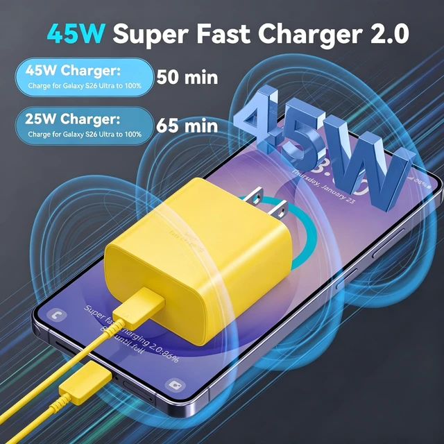 Alt view image 2 of 6 - 45W Super Fast USB C Android Type C Phone Charger Fast Charging 6.6FT Cord | Fast Charger Clock with Cable for Samsung Galaxy S26/S26 Ultra/S26+/S25 Ultra/S25/S24 S23 Ultra/S22/S21/S20/Note 10, Yellow