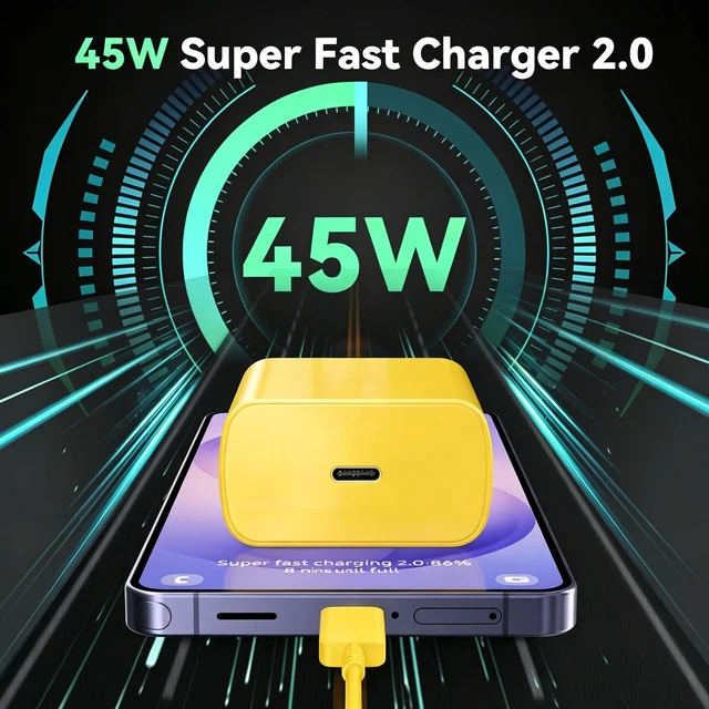 Alt view image 6 of 6 - 45W Super Fast USB C Android Type C Phone Charger Fast Charging 6.6FT Cord | Fast Charger Clock with Cable for Samsung Galaxy S26/S26 Ultra/S26+/S25 Ultra/S25/S24 S23 Ultra/S22/S21/S20/Note 10, Yellow