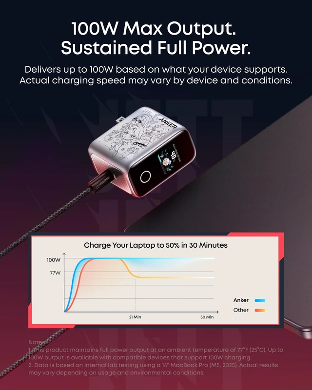 Alt view image 4 of 7 - Anker Laptop Smart Display Charger, VALORANT Limited Edition, 100W Max | Up to 40% Longer Laptop Battery Lifespan, Smart Recognition, Single-Port USB C Charger for MacBook Pro / Air (Not a Battery)