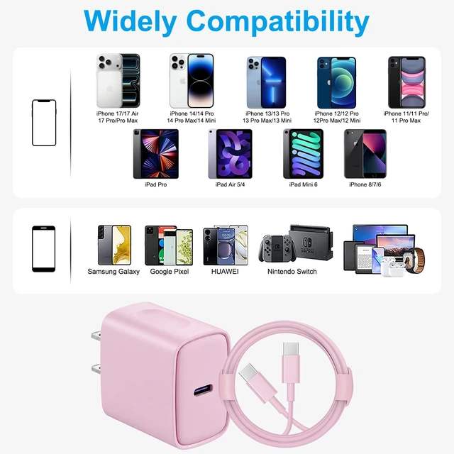 Alt view image 6 of 7 - iPhone 18 17 16 15 Charger Fast Charging 10FT - 20W USB C Charger Block | Type C Charger Fast Charging with 10FT Extra Long USB C to C Cable for iPhone 18 17 16 15 Pro Max, Duo, iPad (Pink)