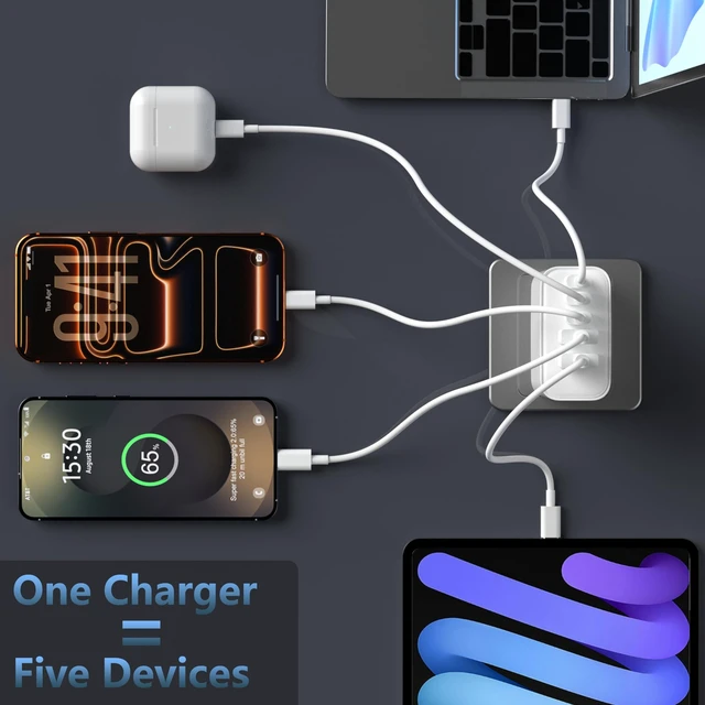 Alt view image 7 of 7 - 100W USB C Charger Block,5-Port Super Fast Charging for iPhone Laptop iPad | GaN charge supports simultaneous multi-device charging,compact design for travel and desktop,One Charger for All Your