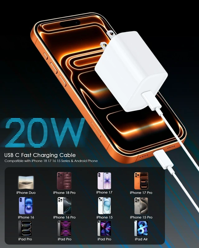 Alt view image 3 of 7 - 20W USBC Charger Block for iPhone 18/17/16/15 Charger Fast Charging | 3 Pack Type C Charger Fast Charging with 6 FT Fast Charger USB C Cable Compatible with iPhone Duo 18 17 16 Pro max-White