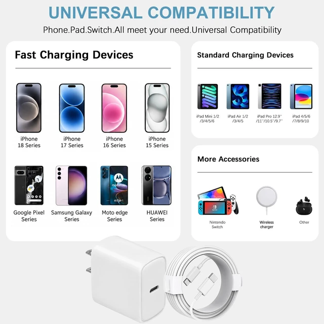 Alt view image 6 of 7 - 10FT iPhone 18 17 16 15 Charger Fast Charging USB C Charger Block | for iPhones, iPads,Tablets, Android phones,2-Pack iPhone Charger Type C Chagrer Fast Charging with Extra Long USB-C Cables