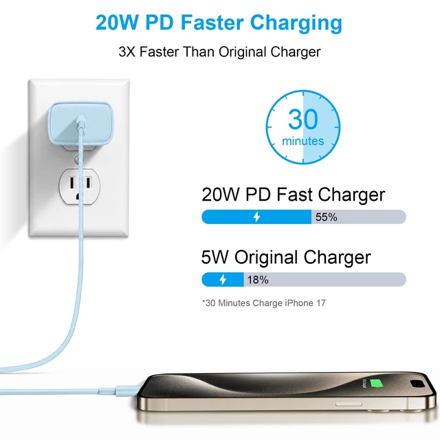 Alt view image 2 of 7 - iPhone 18 17 16 15 Charger Fast Charging 6FT - 20W USB C Charger Block | Type C Charger Fast Charging with 6FT Extra Long USB C to C Cable for iPhone 18 17 16 15 Pro Max, Duo, iPad (Blue)