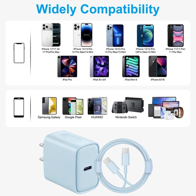 Alt view image 6 of 7 - iPhone 18 17 16 15 Charger Fast Charging 6FT - 20W USB C Charger Block | Type C Charger Fast Charging with 6FT Extra Long USB C to C Cable for iPhone 18 17 16 15 Pro Max, Duo, iPad (Blue)