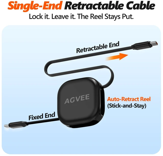 Alt view image 2 of 7 - AGVEE 0.4ft Fixed / 2.3ft Extend Single-End Retractable USB C to C Cable | Desk-Mounted, Pocket Size, 60W PD Fast Type C Phone Charger for iPhone 17 16 15, Samsung S26 S25, Android, Cord Management