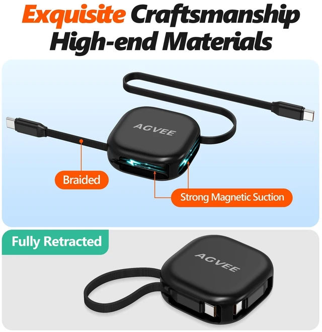 Alt view image 4 of 7 - AGVEE 0.4ft Fixed / 2.3ft Extend Single-End Retractable USB C to C Cable | Desk-Mounted, Pocket Size, 60W PD Fast Type C Phone Charger for iPhone 17 16 15, Samsung S26 S25, Android, Cord Management