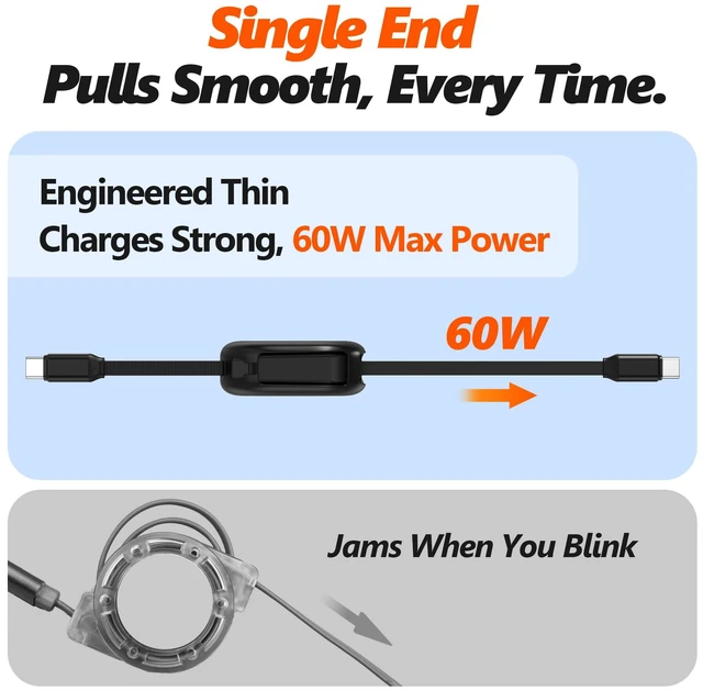 Alt view image 5 of 7 - AGVEE 0.4ft Fixed / 2.3ft Extend Single-End Retractable USB C to C Cable | Desk-Mounted, Pocket Size, 60W PD Fast Type C Phone Charger for iPhone 17 16 15, Samsung S26 S25, Android, Cord Management
