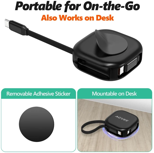 Alt view image 6 of 7 - AGVEE 0.4ft Fixed / 2.3ft Extend Single-End Retractable USB C to C Cable | Desk-Mounted, Pocket Size, 60W PD Fast Type C Phone Charger for iPhone 17 16 15, Samsung S26 S25, Android, Cord Management