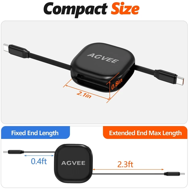Alt view image 7 of 7 - AGVEE 0.4ft Fixed / 2.3ft Extend Single-End Retractable USB C to C Cable | Desk-Mounted, Pocket Size, 60W PD Fast Type C Phone Charger for iPhone 17 16 15, Samsung S26 S25, Android, Cord Management