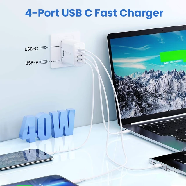 Alt view image 2 of 7 - 4USB Ports Gan 40W Foldable Charger 2 Pack - Compact USB-C & USB-A Fast Charger with Smart Power Output for Safe Charging- Charging Block compatible with Apple, Android & Google Devices Simultaneously