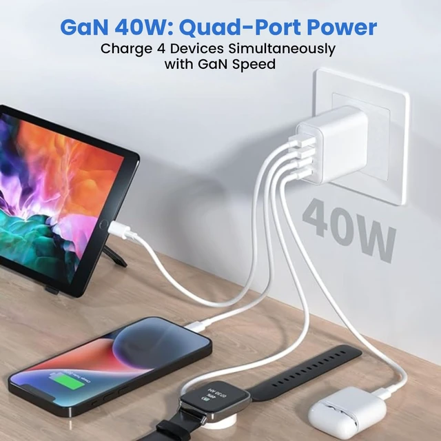 Alt view image 4 of 7 - 4USB Ports Gan 40W Foldable Charger 2 Pack - Compact USB-C & USB-A Fast Charger with Smart Power Output for Safe Charging- Charging Block compatible with Apple, Android & Google Devices Simultaneously