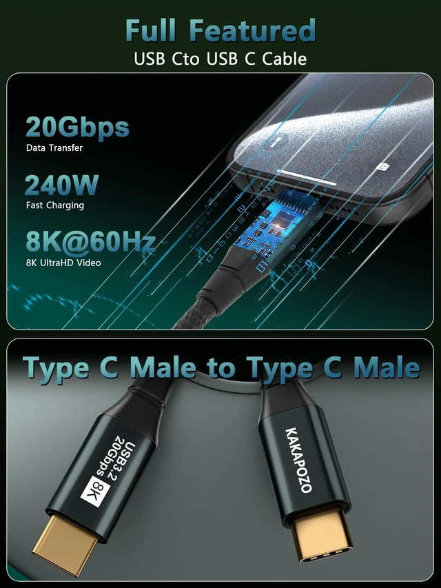 Alt view image 2 of 7 - KAKAPOZO KAKAPOZO USB C 3.2 Gen 2x2 Video Display Cable for Monitor - 10FT | 8K@60Hz/4K@120Hz, 240W PD Fast Charging, 20Gbps Data Transfer, Compatible with iPhone 18/17/16/15, MacBooks, iPad, Carplay