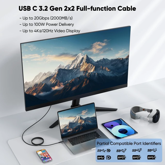 Alt view image 2 of 7 - USB C to USB C Data Transfer Cable 6Ft, USBC 3.2 Gen 2 20Gbps/4K Video/100W | Type C High Speed Transfer Video Display Fast Charging Full Function Cord for Macbook Phone Monitor External SSD Hub