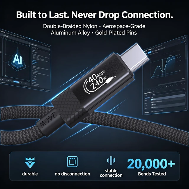 Alt view image 2 of 7 - NIBSI 40Gbps USB4 Cable for Thunderbolt 4/3, 240W PD Fast Charging USB C to USB C Cable, 8K@60Hz Video, Aluminum Alloy Connectors & Nylon Braided for MacBook SSD Dock Monitor