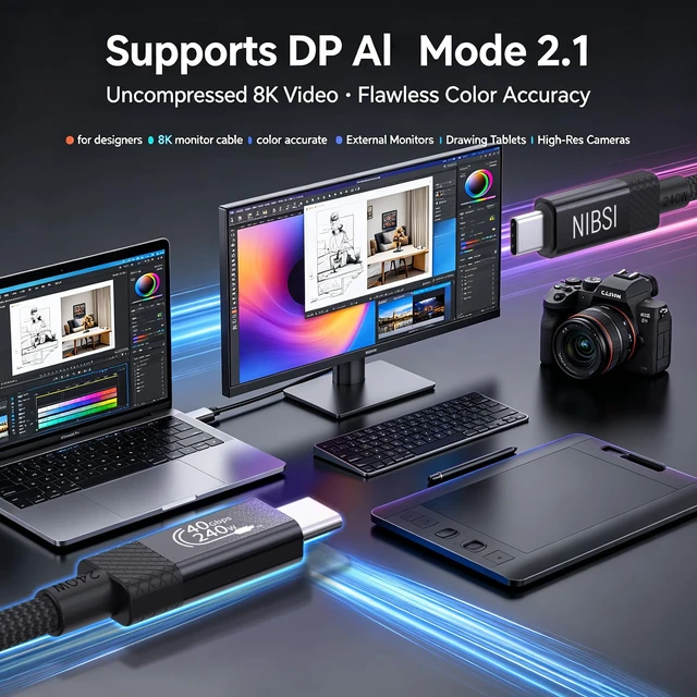 Alt view image 6 of 7 - NIBSI 40Gbps USB4 Cable for Thunderbolt 4/3, 240W PD Fast Charging USB C to USB C Cable, 8K@60Hz Video, Aluminum Alloy Connectors & Nylon Braided for MacBook SSD Dock Monitor