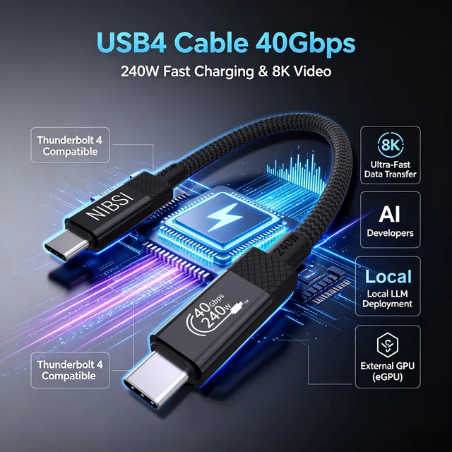 Alt view image 7 of 7 - NIBSI 40Gbps USB4 Cable for Thunderbolt 4/3, 240W PD Fast Charging USB C to USB C Cable, 8K@60Hz Video, Aluminum Alloy Connectors & Nylon Braided for MacBook SSD Dock Monitor