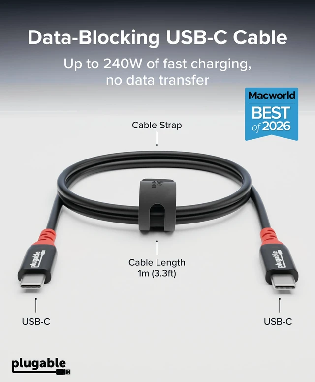Alt view image 2 of 7 - Plugable USB C to USB C Cable, Data Blocker Charge Only, 1m / 3.3ft | 240W Safe Fast Charging for MacBook, iPhone 15/16, Galaxy S24, Steam Deck, and More USB-C Devices (USBC-CC1M)