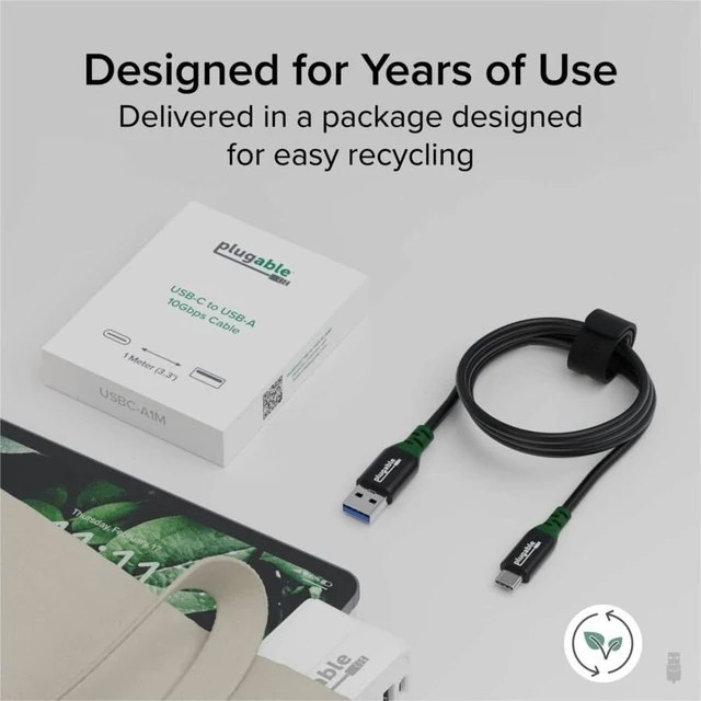 Alt view image 5 of 5 - Plugable USB C to USB A Cable, 10Gbps Data Transfer, 3A 15W Charging 3.3 Ft | Includes Desk Managment Strap, USB 3.2 Gen 2, Compatible with iPhone 16, iPad, Samsung Galaxy, Tablets, Laptops