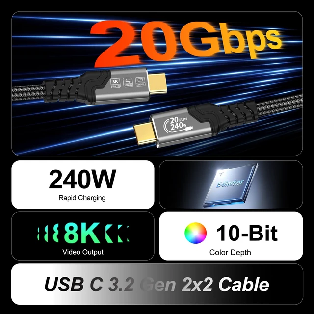 Alt view image 2 of 7 - ZIKNYDO USB C to USB C Cable 6.6FT, USBC 3.2 Gen 2x2 20Gbps Data Transfer, PD3.1 240W Fast Charging, USBC Video Cable 4K@144Hz/8K@30Hz Compatible with Thunderbolt 4, MacBook Pro, Monitor, iPhone 17