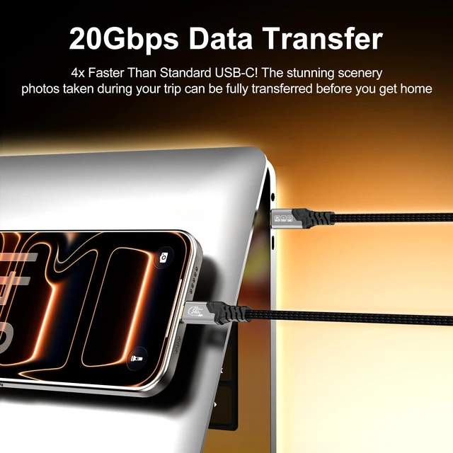 Alt view image 5 of 7 - ZIKNYDO USB C to USB C Cable 6.6FT, USBC 3.2 Gen 2x2 20Gbps Data Transfer, PD3.1 240W Fast Charging, USBC Video Cable 4K@144Hz/8K@30Hz Compatible with Thunderbolt 4, MacBook Pro, Monitor, iPhone 17