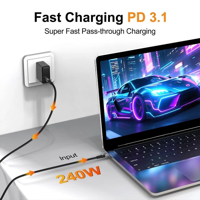 Alt view image 6 of 7 - ZIKNYDO USB C to USB C Cable 6.6FT, USBC 3.2 Gen 2x2 20Gbps Data Transfer, PD3.1 240W Fast Charging, USBC Video Cable 4K@144Hz/8K@30Hz Compatible with Thunderbolt 4, MacBook Pro, Monitor, iPhone 17