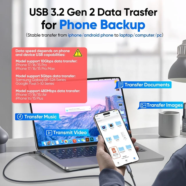 Alt view image 7 of 7 - USB A to USB C Data Cable, 10Gbps Data Transfer & 18W Charging Cord, 6ft | for iPhone 17/16/15 Galaxy S26 PS5 External SSDs Laptop Camera Computer PC