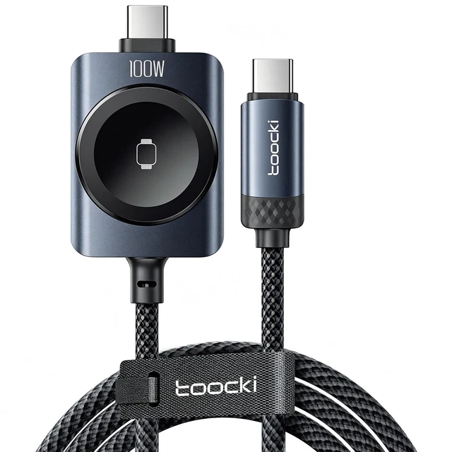Main image of toocki 2-in-1 100W USB C to USB C Cable with Charger for Apple Watch | Simultaneous Phone and Watch Charging, 2.5W Magnetic Module, 480Mbps Data Transfer, 4FT Nylon Braided, E-Marker Chip, Black