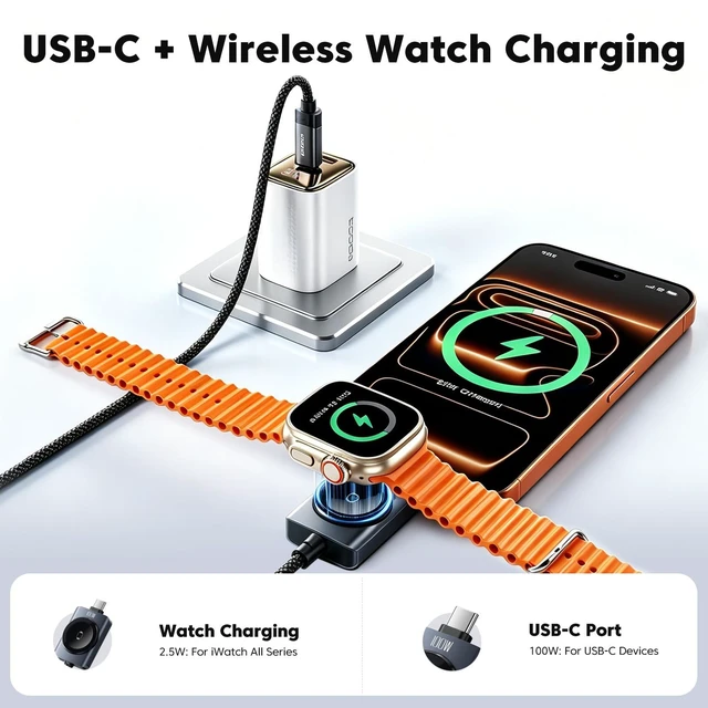 Alt view image 2 of 7 - toocki 2-in-1 100W USB C to USB C Cable with Charger for Apple Watch | Simultaneous Phone and Watch Charging, 2.5W Magnetic Module, 480Mbps Data Transfer, 4FT Nylon Braided, E-Marker Chip, Black