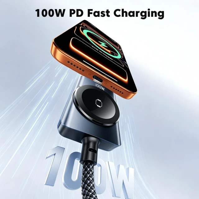 Alt view image 3 of 7 - toocki 2-in-1 100W USB C to USB C Cable with Charger for Apple Watch | Simultaneous Phone and Watch Charging, 2.5W Magnetic Module, 480Mbps Data Transfer, 4FT Nylon Braided, E-Marker Chip, Black