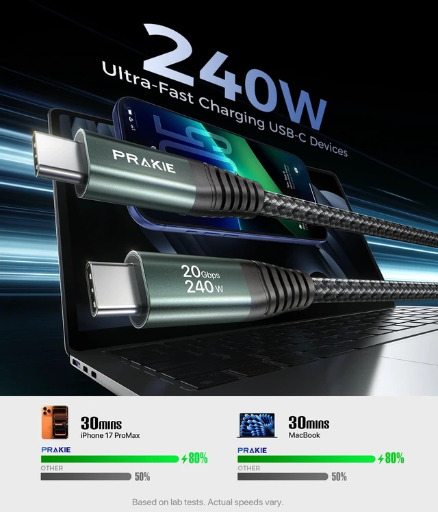 Alt view image 2 of 7 - 20Gbps USB C Data Cable, PD 3.1 240W Fast Charging, USB C Cable 3.3FT/1M | 8K@30Hz/ 4K@120Hz Video, Durable Braided USBC Monitor Cable for iPhone 18/17/16/15, MacBook, iPad, SSD, Dell XPS, VR-Gray