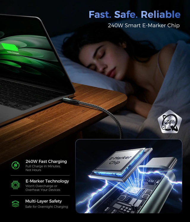 Alt view image 5 of 7 - 20Gbps USB C Data Cable, PD 3.1 240W Fast Charging, USB C Cable 3.3FT/1M | 8K@30Hz/ 4K@120Hz Video, Durable Braided USBC Monitor Cable for iPhone 18/17/16/15, MacBook, iPad, SSD, Dell XPS, VR-Gray