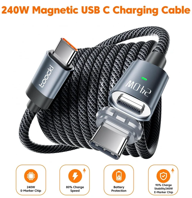 Alt view image 2 of 7 - toocki 240W Magnetic USB C to USB C Cable, 6.6FT Braided Cord, Black | 240w Pd 3.1 Charging; E-Marker Chip; Detachable Magnetic Usb-C Tip; 480mbps Data Transfer; 6.6ft Nylon Braided Cord