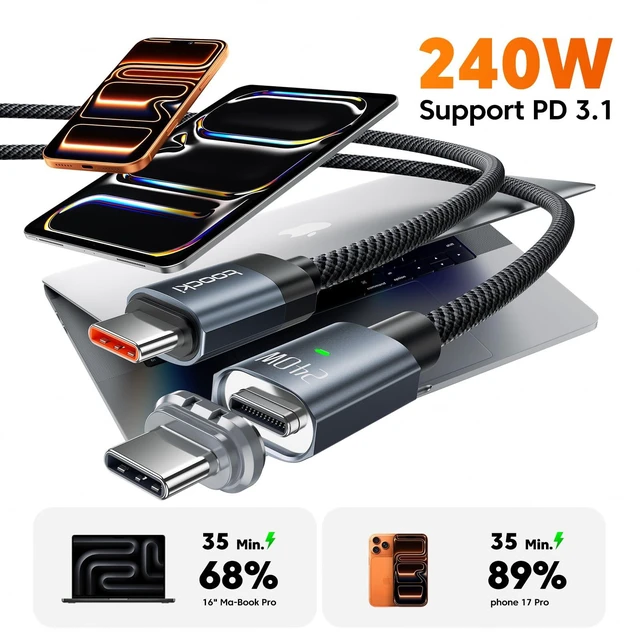 Alt view image 4 of 7 - toocki 240W Magnetic USB C to USB C Cable, 6.6FT Braided Cord, Black | 240w Pd 3.1 Charging; E-Marker Chip; Detachable Magnetic Usb-C Tip; 480mbps Data Transfer; 6.6ft Nylon Braided Cord