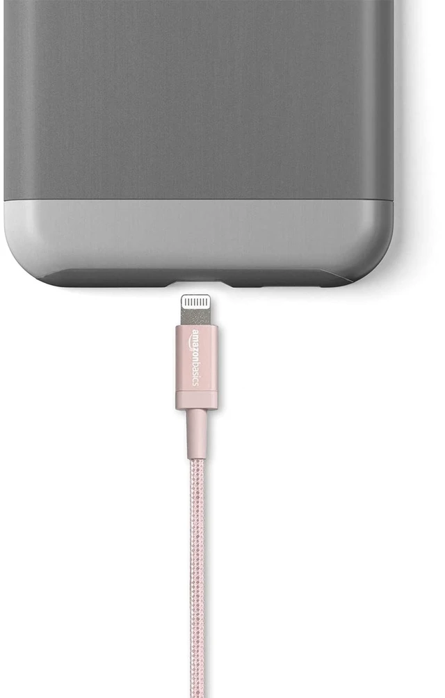 Alt view image 4 of 4 - Amazon Basics USB-A to Lightning Cable, Apple MFi Certified, Nylon Braided Cord for iPhone 14 13 12 11 X Xs Pro, Pro Max, Plus, iPad, High Speed Transfer, 6 Foot, Rose Gold