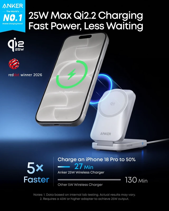 Alt view image 2 of 7 - Anker Prime 25W Qi2.2-Certified Palm-Sized 3-in-1 Foldable MagSafe Charger | Travel-Ready Charging Station, AirCool Wireless Charger for iPhone 18 Pro, Apple Watch, AirPods