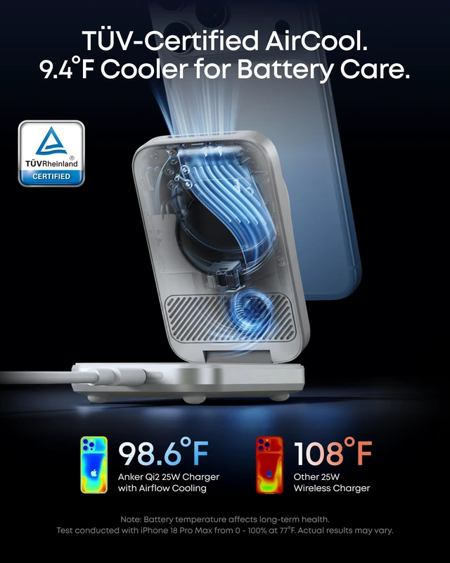 Alt view image 3 of 7 - Anker Prime 25W Qi2.2-Certified Palm-Sized 3-in-1 Foldable MagSafe Charger | Travel-Ready Charging Station, AirCool Wireless Charger for iPhone 18 Pro, Apple Watch, AirPods