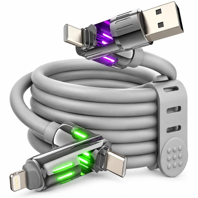 Main image of MFish 240W 4-in-1 Fast Charging Cable, Grey, 6.6FT | Carrying Case, USB-A & USB-C to USB-C/Lightning, For iPhone 17/16/15/14, MacBook, iPad, Laptop, Samsung S25/S24