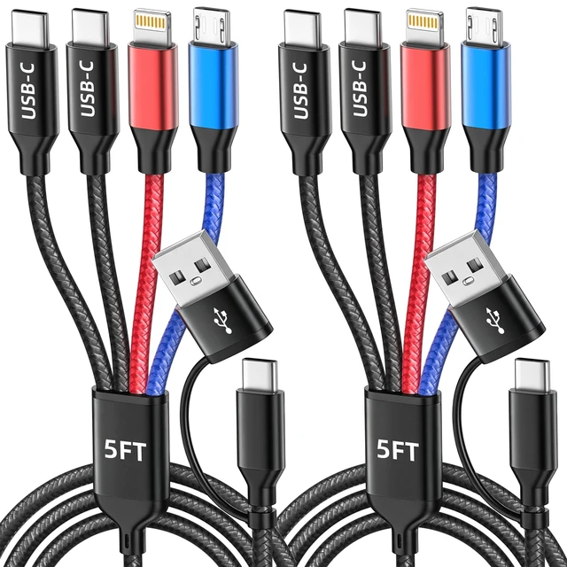 Main image of 4 in 2 Multi Charging Cable, USBA/C Charging Cords for Multiple Devices | Dual Type-C Ports Phone Charger Cord, Universal Travel Charger for iPhone17-12/Androids, Car, Camping and More, 2Pack 5FT