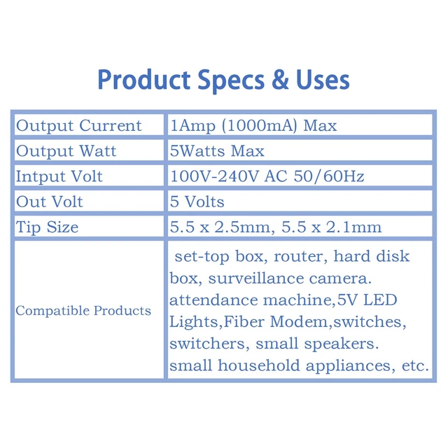 Alt view image 6 of 6 - 5V 1A Universal DC Charger Adapter, 5.5x2.1mm with 11 Connectors, 5FT | Includes Micro-USB, Type-C, Mini USB, 2.5x0.7, 3.0x1.1, 3.5x1.35, 4.0x1.7, 4.8x1.7, 5.5x2.5 and 2.5mm tips.