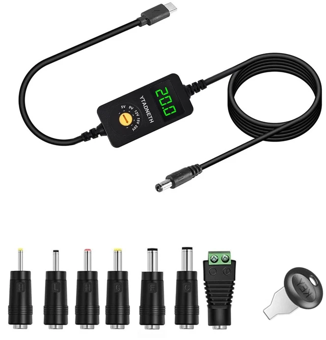 Main image of Universal USB C to DC Adapter, Barrel PD Trigger Cable, USB-C to DC 5V 9V 12V 15V 20V Adapter Cable with LED Display, for Netbook, Tablets, Led Light, Lamps, Routers