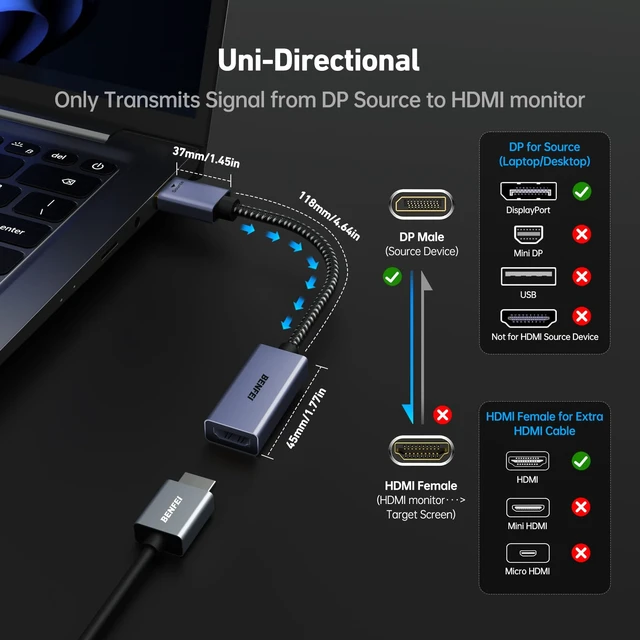 Alt view image 3 of 7 - BENFEI 4K DisplayPort to HDMI Adapter Cable | Uni-Directional Display Port to HDMI Monitor Converter Compatible for HP, Dell, GPU, AMD, NVIDIA, More. Male to Female