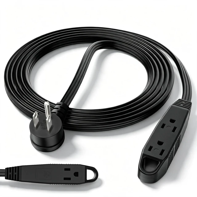 Main image of 3-Outlet Flat Extension Cord 7 FT, 3 Prong Angled Plug, Power Strip | 16 Gauge, Multiple Outlets, 3 Prong Outlet Extender, Grounded, 13A/125V/1625W, Indoor, SPT-3, ETL Listed, Black, Space-Saving