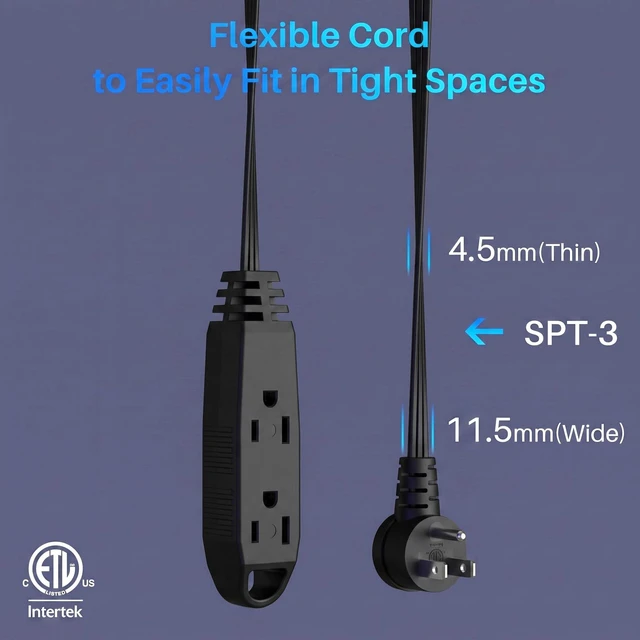 Alt view image 2 of 7 - 3-Outlet Flat Extension Cord 7 FT, 3 Prong Angled Plug, Power Strip | 16 Gauge, Multiple Outlets, 3 Prong Outlet Extender, Grounded, 13A/125V/1625W, Indoor, SPT-3, ETL Listed, Black, Space-Saving
