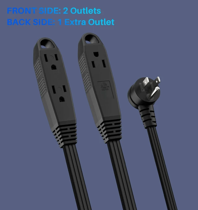 Alt view image 3 of 7 - 3-Outlet Flat Extension Cord 7 FT, 3 Prong Angled Plug, Power Strip | 16 Gauge, Multiple Outlets, 3 Prong Outlet Extender, Grounded, 13A/125V/1625W, Indoor, SPT-3, ETL Listed, Black, Space-Saving