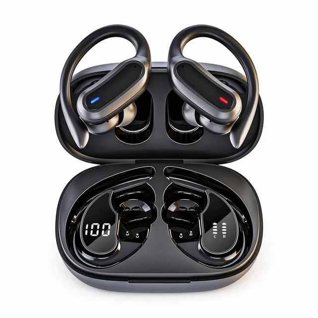 Main image of Wireless Earbuds Bluetooth Headphones, 54H Playtime Stereo Over Ear Buds with ENC Noise Cancelling, LED Power Display, IPX7 Waterproof Sport Earphones with Earhooks for Running/Workouts (Black)