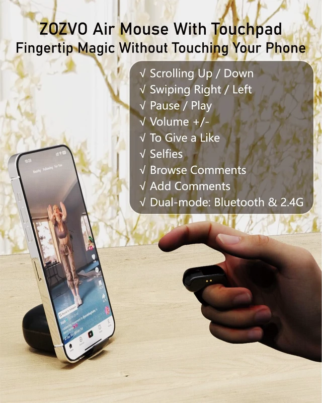 Alt view image 2 of 7 - ZOZVO Air Finger Ring Mouse with a Touchpad,Bluetooth/Wireless Scroller for PC/iOS/Android,Remote Control for Camera/Video Recording/Kindle App (Black)