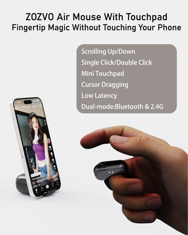 Alt view image 3 of 7 - ZOZVO Air Finger Ring Mouse with a Touchpad,Bluetooth/Wireless Scroller for PC/iOS/Android,Remote Control for Camera/Video Recording/Kindle App (Black)