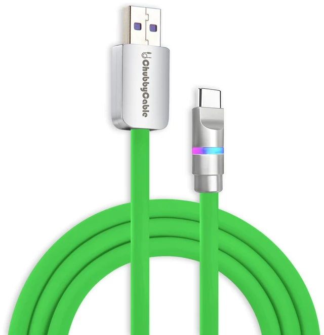 Main image of chubbycable 100W USB A to C Charge Cable with LED Light, Green, 6.6 FT | For iPhone 18/17/16/15 Series, MacBook Pro/Air, iPad Pro/Air, Silicone Fast Charging Cable, 6mm Thick Type C Charger Cord
